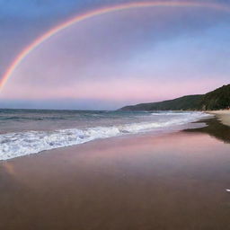 A serene twilight beach, with gentle waves lapping at the shore and a rainbow-hued sunset reflecting off the tranquil waters