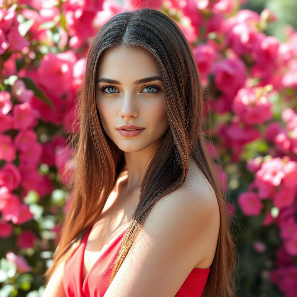 Portrait of a young woman with striking features, deep blue eyes, and silky long brown hair