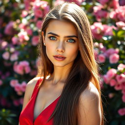 Portrait of a young woman with striking features, deep blue eyes, and silky long brown hair