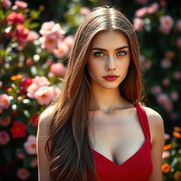 Portrait of a young woman with striking features, deep blue eyes, and silky long brown hair