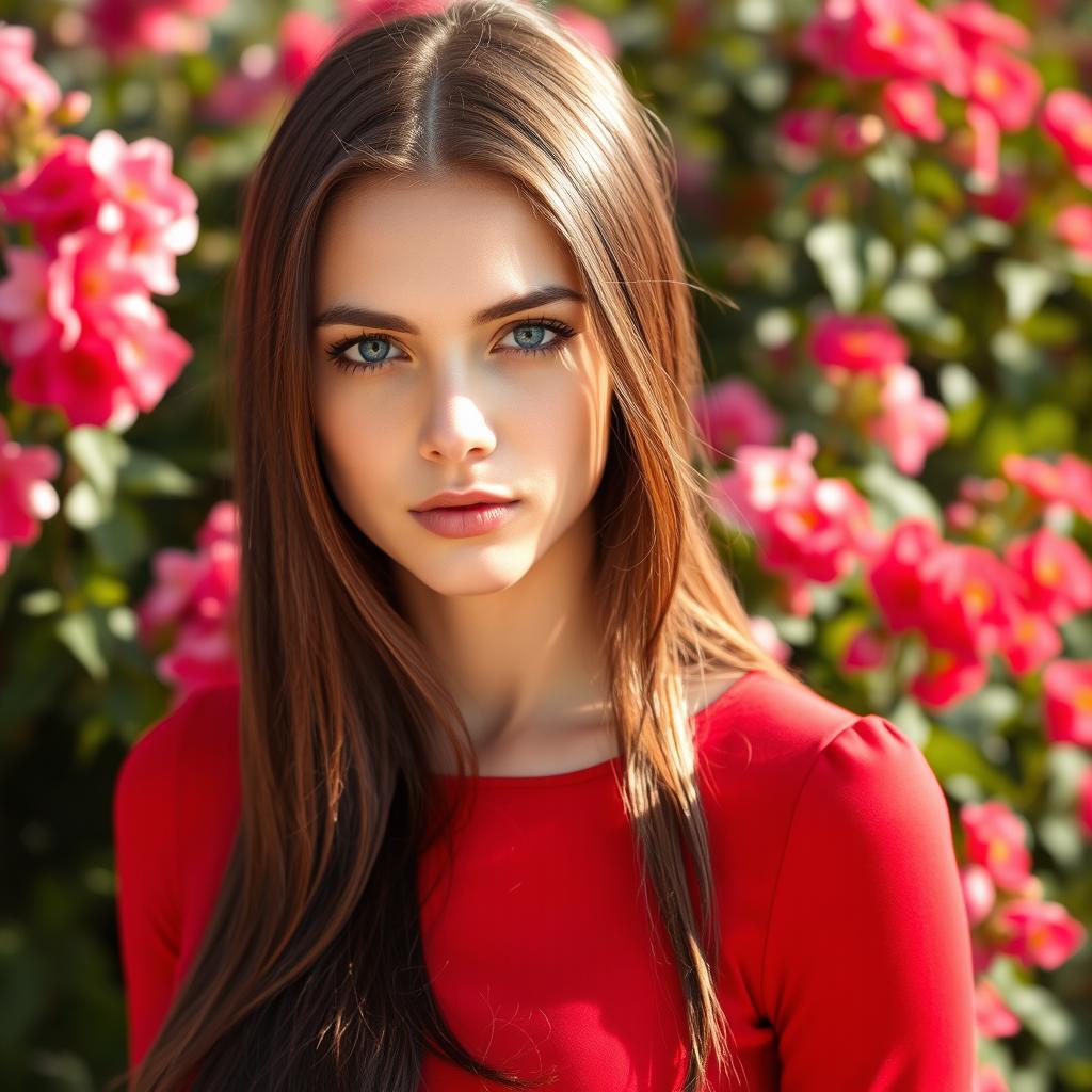 Portrait of a young woman with striking features, deep blue eyes, and silky long brown hair