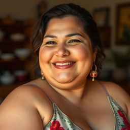 A plump Mexican woman with a beautifully classic face, embodying youthful motherhood