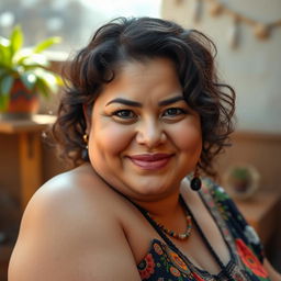 A plump Mexican woman with a beautifully classic face, embodying youthful motherhood