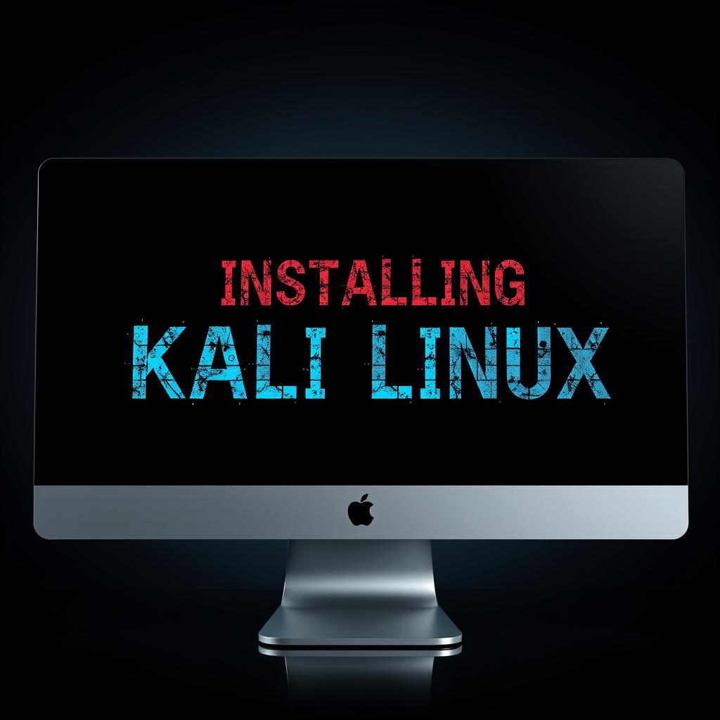 A cutting-edge Apple monitor displaying intricate, hacking-like fonts and effects, boldly proclaiming 'Installing Kali Linux