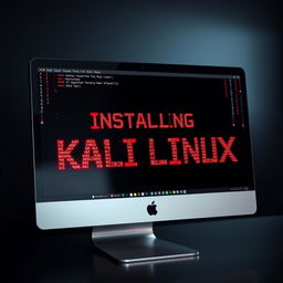 A cutting-edge Apple monitor displaying intricate, hacking-like fonts and effects, boldly proclaiming 'Installing Kali Linux