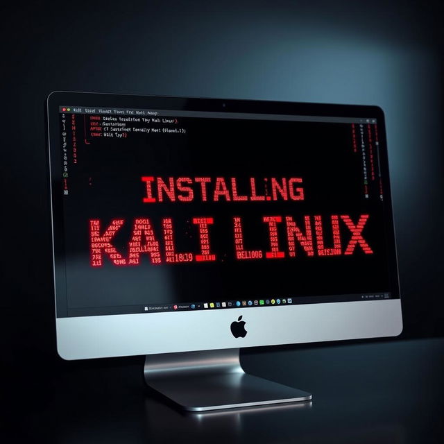 A cutting-edge Apple monitor displaying intricate, hacking-like fonts and effects, boldly proclaiming 'Installing Kali Linux