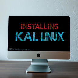 A cutting-edge Apple monitor displaying intricate, hacking-like fonts and effects, boldly proclaiming 'Installing Kali Linux