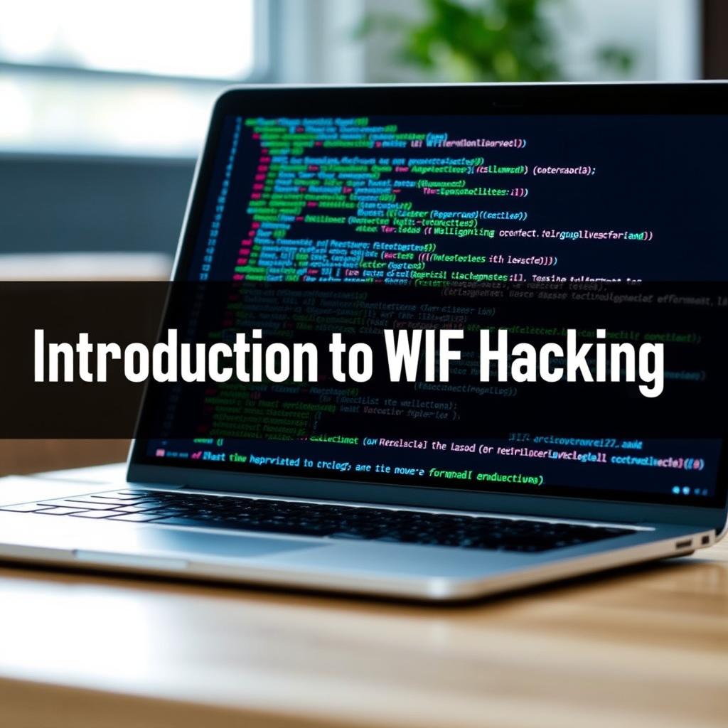 A YouTube thumbnail for 'Introduction to WiFi Hacking', featuring a sleek, modern laptop with a screen displaying complex coding scripts