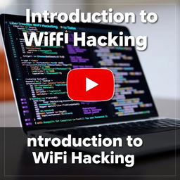 A YouTube thumbnail for 'Introduction to WiFi Hacking', featuring a sleek, modern laptop with a screen displaying complex coding scripts