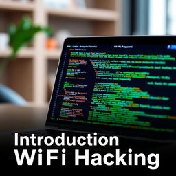 A YouTube thumbnail for 'Introduction to WiFi Hacking', featuring a sleek, modern laptop with a screen displaying complex coding scripts