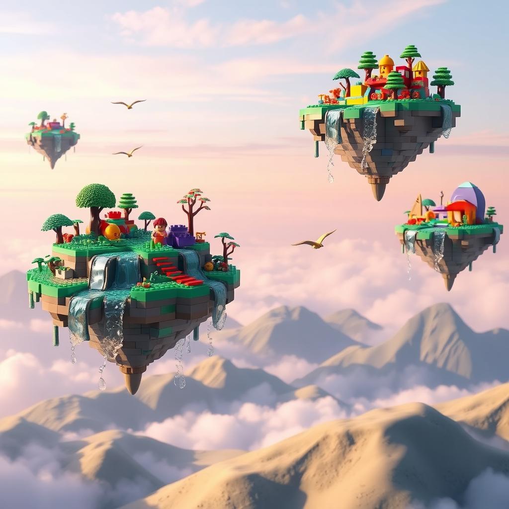 A surreal landscape featuring floating Lego islands in a sky of soft pastel hues