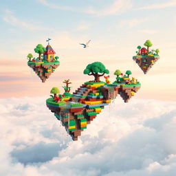 A surreal landscape featuring floating Lego islands in a sky of soft pastel hues