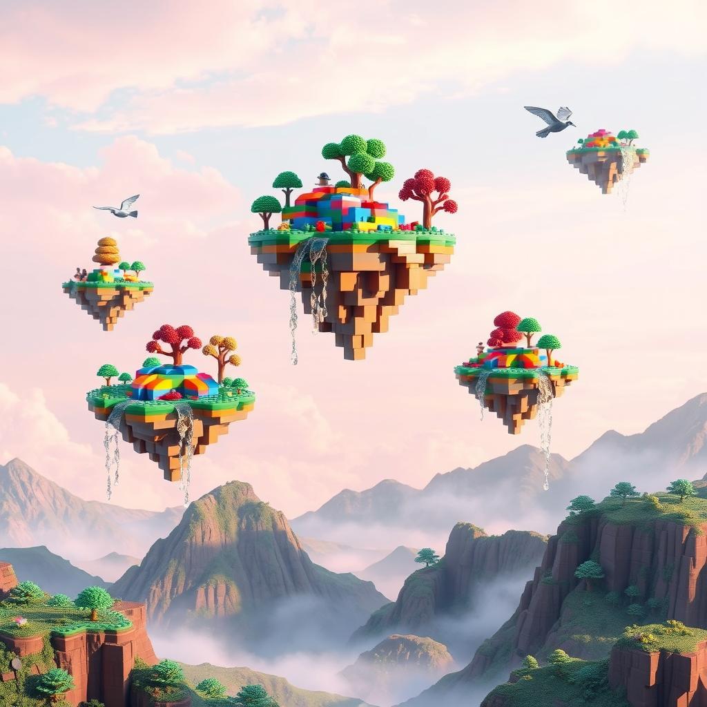 A surreal landscape featuring floating Lego islands in a sky of soft pastel hues