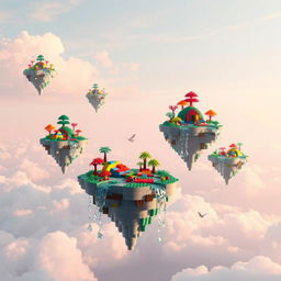 A surreal landscape featuring floating Lego islands in a sky of soft pastel hues