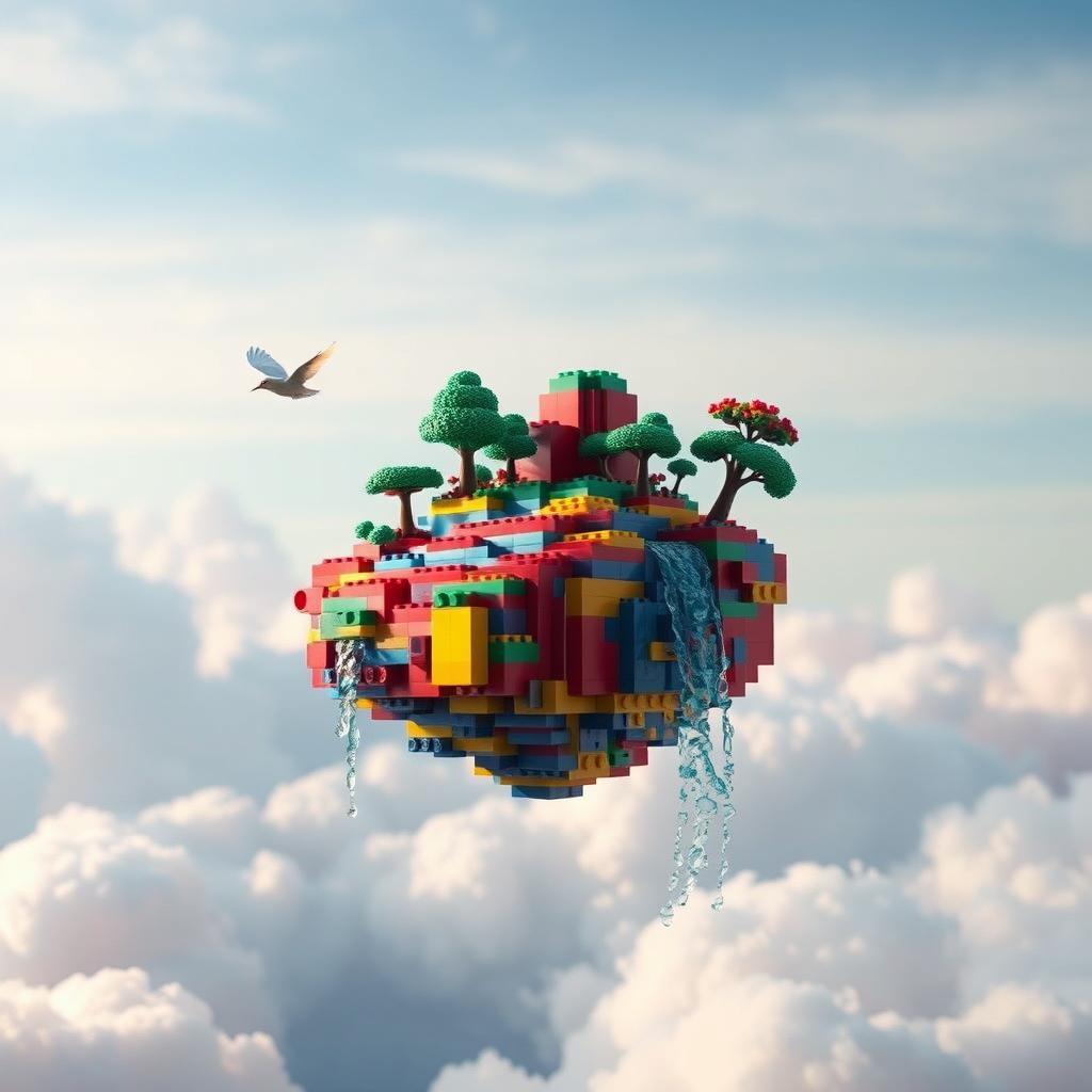 A surreal landscape depicting a singular floating Lego island amidst a sky filled with soft pastel tones