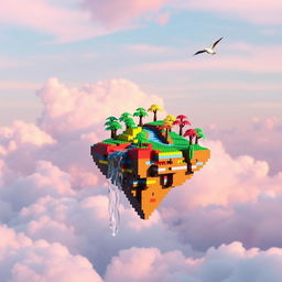 A surreal landscape depicting a singular floating Lego island amidst a sky filled with soft pastel tones