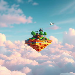 A surreal landscape depicting a singular floating Lego island amidst a sky filled with soft pastel tones