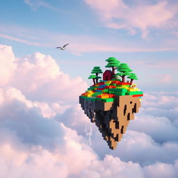 A surreal landscape depicting a singular floating Lego island amidst a sky filled with soft pastel tones