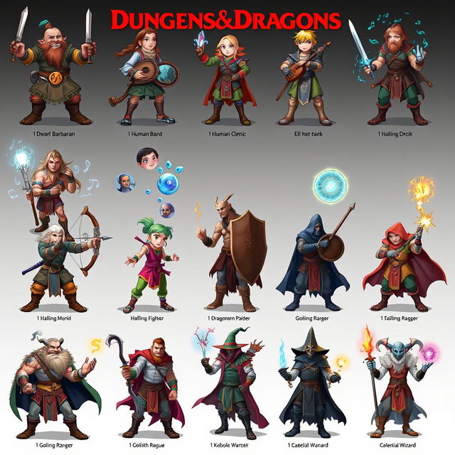 A collection of twelve unique Dungeons & Dragons characters, each representing a different class and race