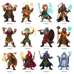 A collection of twelve unique Dungeons & Dragons characters, each representing a different class and race