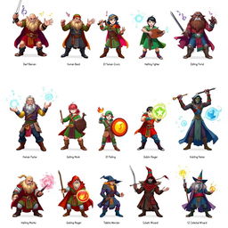 A collection of twelve unique Dungeons & Dragons characters, each representing a different class and race