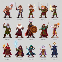 A collection of twelve unique Dungeons & Dragons characters, each representing a different class and race