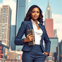 A confident and independent woman standing proudly amidst a bustling cityscape, with tall skyscrapers in the background