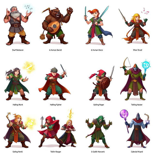 A collection of twelve unique Dungeons & Dragons characters, each representing a different class and race