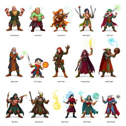 A collection of twelve unique Dungeons & Dragons characters, each representing a different class and race