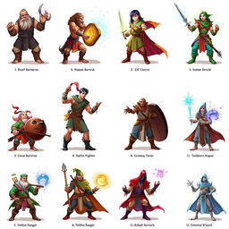 A collection of twelve unique Dungeons & Dragons characters, each representing a different class and race