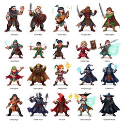 A collection of twelve unique Dungeons & Dragons characters, each representing a different class and race