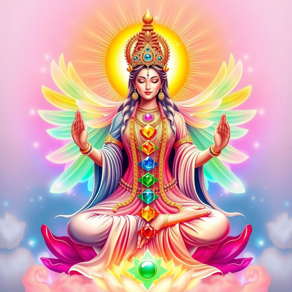 A divine representation of the Goddess of Chakras, radiating mystical energy and surrounded by colorful chakra symbols