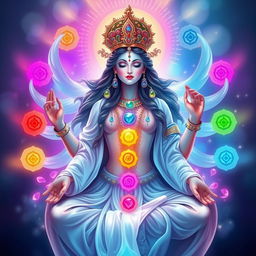 A divine representation of the Goddess of Chakras, radiating mystical energy and surrounded by colorful chakra symbols