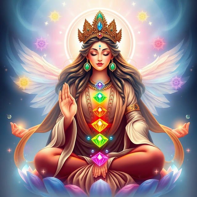 A divine representation of the Goddess of Chakras, radiating mystical energy and surrounded by colorful chakra symbols