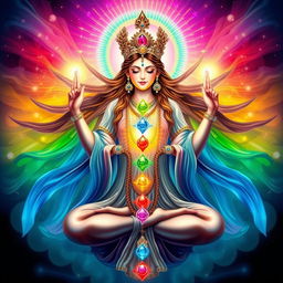 A divine representation of the Goddess of Chakras, radiating mystical energy and surrounded by colorful chakra symbols