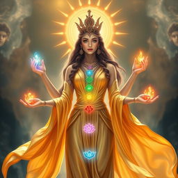 A beautiful goddess representing the seven chakras, wearing a flowing gold dress that shimmers with divine light