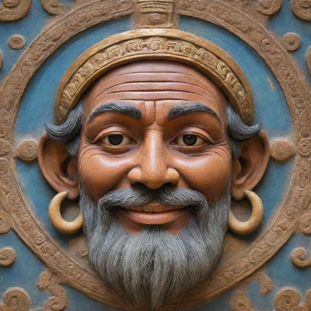 An interpretation of the face of God, traditionally depicted as a powerful yet kind figure with eyes full of wisdom and a benevolent smile.