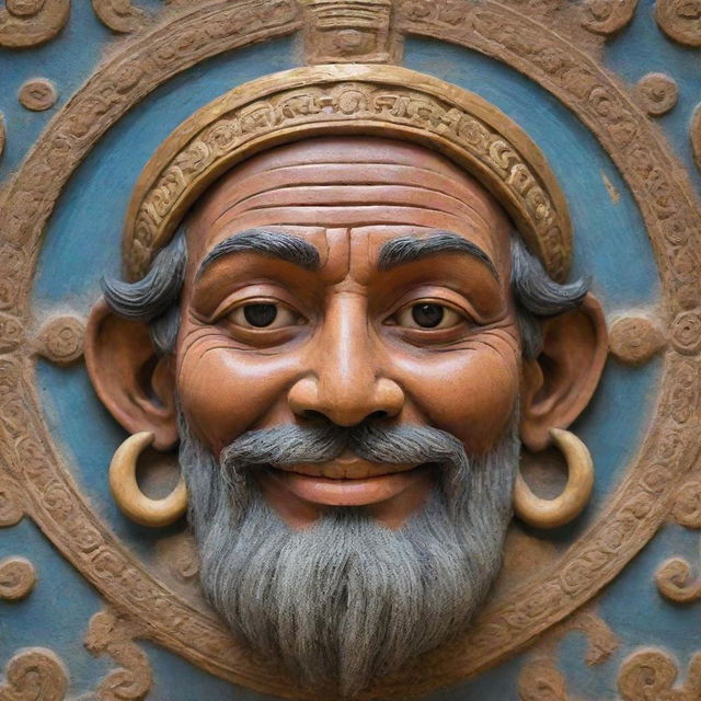 An interpretation of the face of God, traditionally depicted as a powerful yet kind figure with eyes full of wisdom and a benevolent smile.