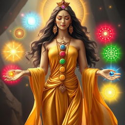 A beautiful goddess representing the seven chakras, wearing a flowing gold dress that shimmers with divine light