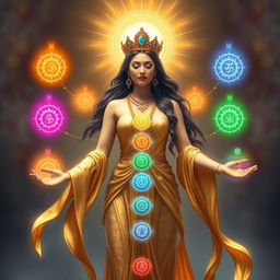 A beautiful goddess representing the seven chakras, wearing a flowing gold dress that shimmers with divine light