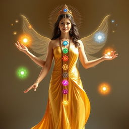 A beautiful goddess representing the seven chakras, wearing a flowing gold dress that shimmers with divine light