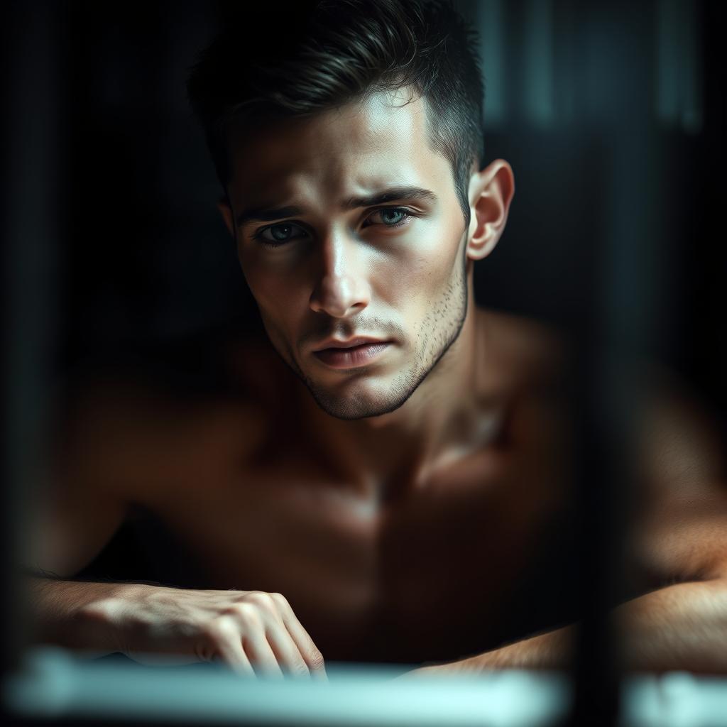 A poignant scene of an attractive prisoner sitting in a dimly lit cell, with a look of sadness and introspection on their face