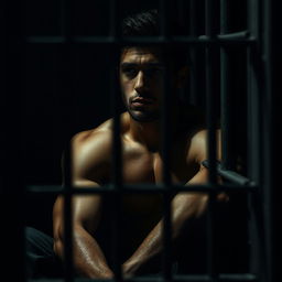 A poignant scene of an attractive prisoner sitting in a dimly lit cell, with a look of sadness and introspection on their face