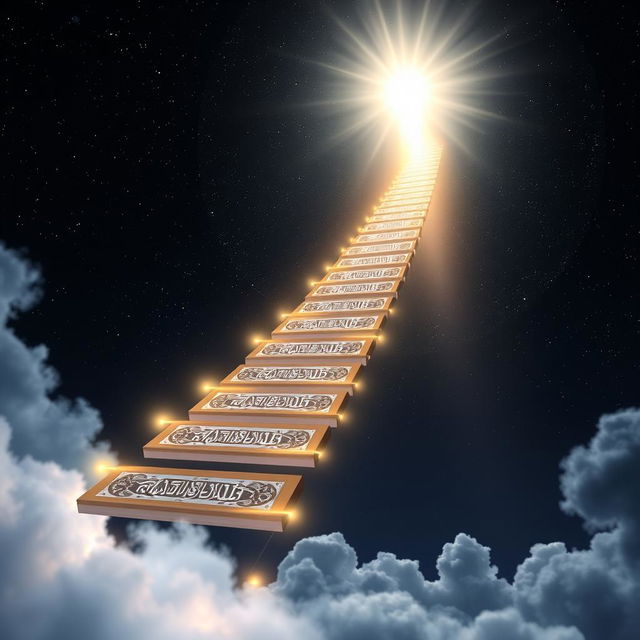 An extended celestial ladder made of luminous, ethereal steps ascending far into the heavens