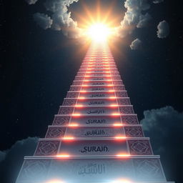 An extended celestial ladder made of luminous, ethereal steps ascending far into the heavens