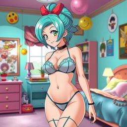 Anime style character resembling Bulma from Dragon Ball, wearing tasteful and stylish lingerie, set in a bright, colorful bedroom environment with various Dragon Ball-themed decorations