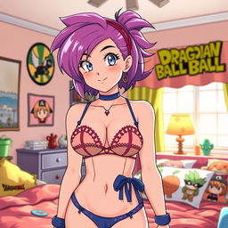 Anime style character resembling Bulma from Dragon Ball, wearing tasteful and stylish lingerie, set in a bright, colorful bedroom environment with various Dragon Ball-themed decorations