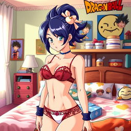 Anime style character resembling Bulma from Dragon Ball, wearing tasteful and stylish lingerie, set in a bright, colorful bedroom environment with various Dragon Ball-themed decorations