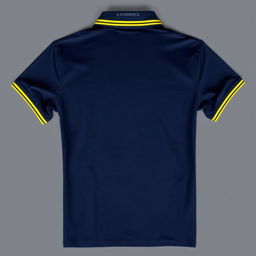 A navy blue polo shirt featuring a yellow stripe along the collar