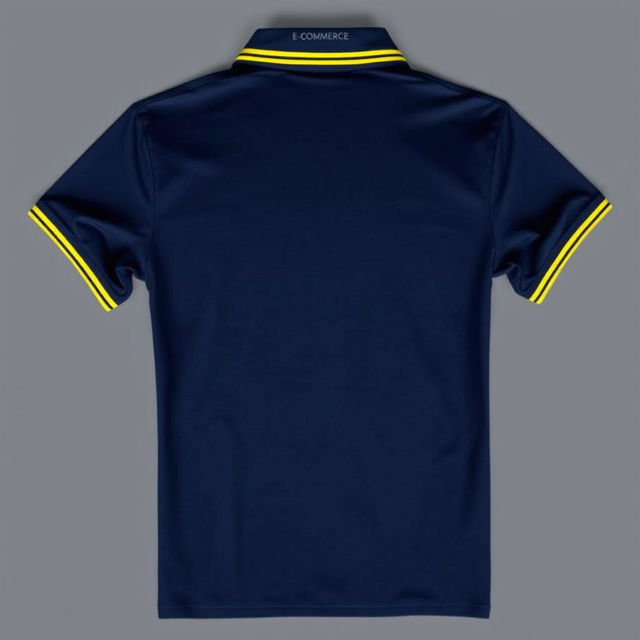 A navy blue polo shirt featuring a yellow stripe along the collar